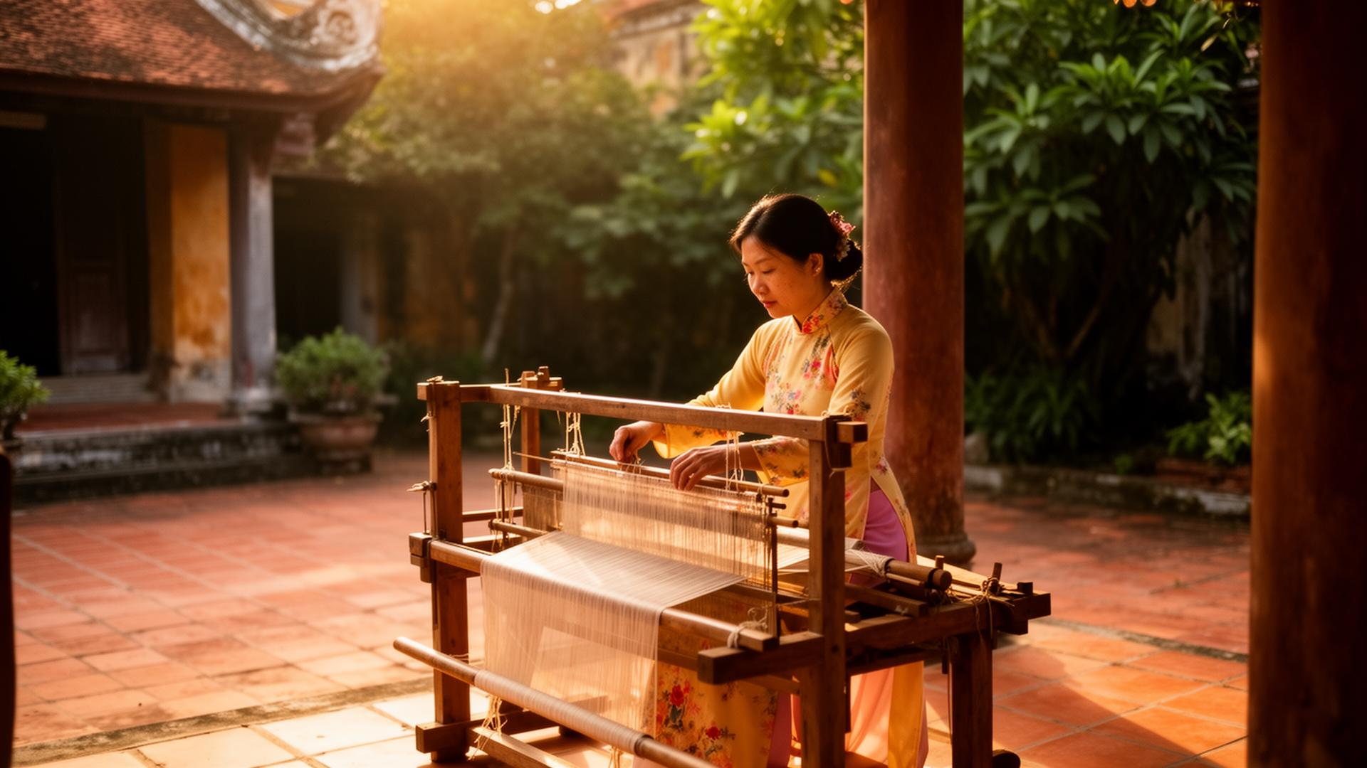 Vietnamese artisan weaving silk